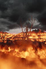 3d Rendering of burned down landscape with charred trees