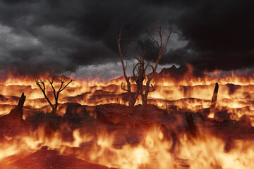 3d Rendering of burned down landscape with charred trees
