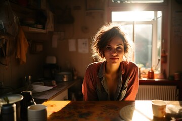 Testimonial oder Persona | Durchschnittliche junge Frau sitzt in der Küche | Athentisch und lebensnah - obrazy, fototapety, plakaty