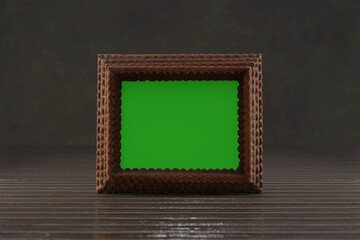 3d rendering of old wooden picture frame standing on planks