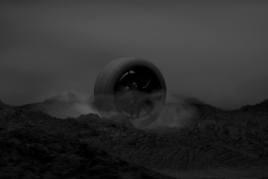 3D rendering of spinning tyre surrounded by rocks and fog