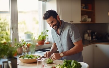 A handsome smiling man preparing dinner in his kitchen