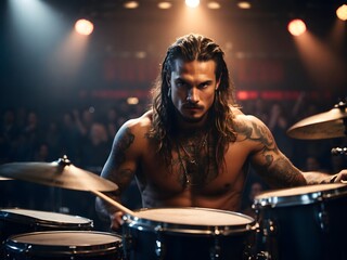 Portrait of heavy metal tattooed  drummer drumming at concert, hard rock concept, musical background