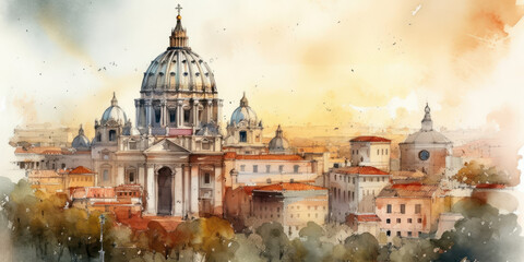 Watercolor drawing of St. Peter's Basilica in the Vatican. Generative AI.