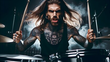 Portrait of heavy metal tattooed  drummer drumming at concert, hard rock concept, musical background - obrazy, fototapety, plakaty