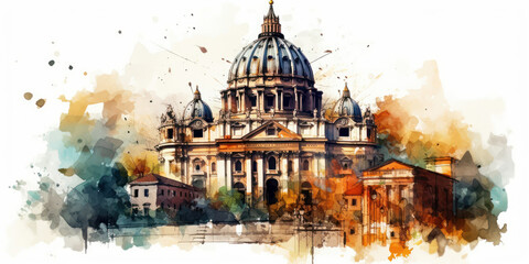 Watercolor drawing of St. Peter's Basilica in the Vatican. Generative AI.