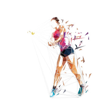 Female tennis player, isolated low poly vector illustration. Woman playing tennis