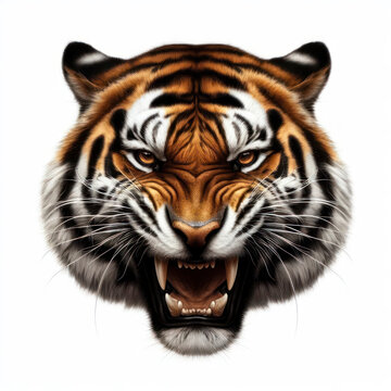 angry Tiger Face Shot Isolated on White Background. ai generative