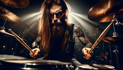 Fototapeta na wymiar Portrait of heavy metal tattooed drummer drumming at concert, hard rock concept, musical background