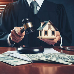 Judge auction and real estate concept. Law hammer and house model. ai generative - obrazy, fototapety, plakaty