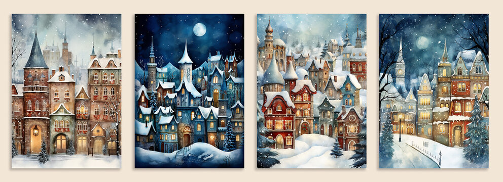 Ornate Merry Christmas greeting cards. Christmas Village art template