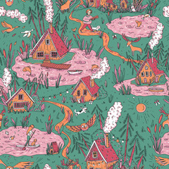 Hand-drawn vector lake cabin seamless pattern, Rustic forest house texture - 671236664