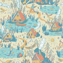 Hand-drawn vector lake cabin seamless pattern, Rustic forest house texture