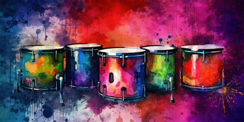 Watercolor drawing of a set of drums. Generative AI.