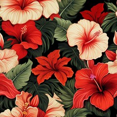 Hibiscus Blooms and Lush Leaves Pattern