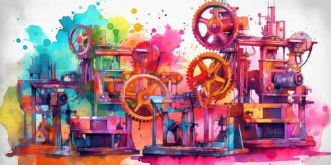 Watercolor drawing of a set of industrial machines. Generative AI.
