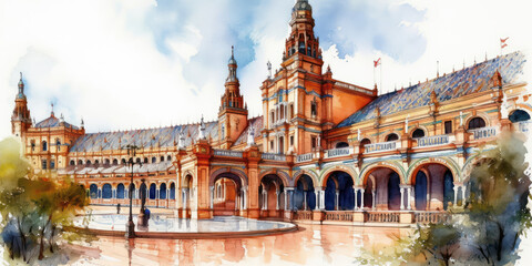 Watercolor drawing of the Plaza de Spain in Seville. Generative AI.