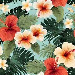 Hibiscus Blossoms and Palm Leaves Pattern