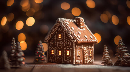 Gingerbread house background. Homemade Christmas Gingerbread House on table over blurred bokeh background. Christmas background with copy space. Happy new year and happy winter holidays concept.
