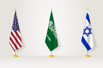 Political gathering of governments. Flags of United States, Saudi Arabia and Israel.