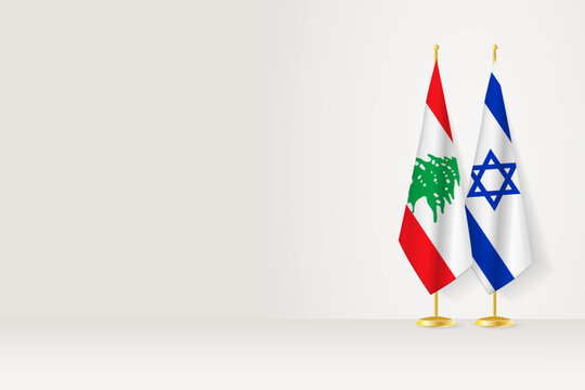 Flags of Lebanon and Israel on flag stand, meeting between two countries.