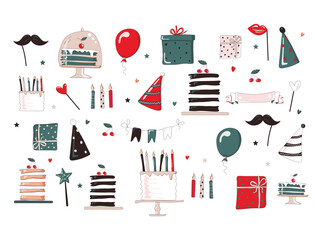 Cakes, gifts, candles, balloon, flags, ribbon for an inscription, greeting card, party caps. Set of items for the holiday isolated on a white background. Vector illustration.