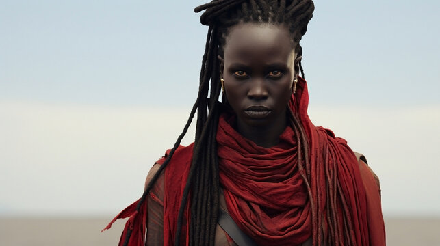 Portrait of a female face with brown eyes, dreadlocks, and a red scarf. Afro-american. Illustration, wallpaper, background.