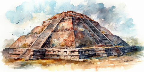 Watercolor drawing of the Teotihuacan pyramid. Generative AI. - obrazy, fototapety, plakaty