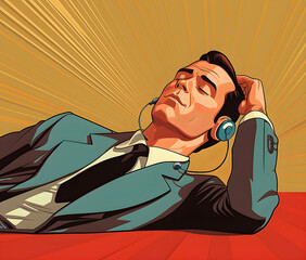 Man listening to music in cartoon style