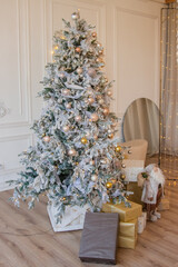 Christmas interior in white colors. Furniture in the living room. elegant