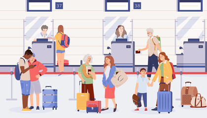 Obraz premium People with luggage at airport check-in counters. Terminal desks during registration for flight. Passenger control airline staff checking tickets, passports, boarding passes and baggage. Flat vector