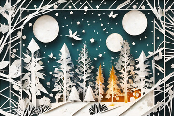 A serene winter night casts a tranquil glow as tall, snow-laden trees reach towards a dazzling starry sky