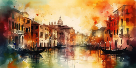 Watercolor drawing of the City of Venice. Generative AI. - obrazy, fototapety, plakaty