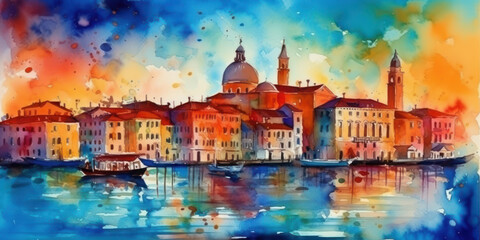 Watercolor drawing of the City of Venice. Generative AI. - obrazy, fototapety, plakaty