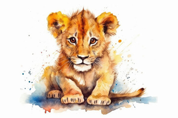 Watercolor drawing of a lion cub. Generative AI.