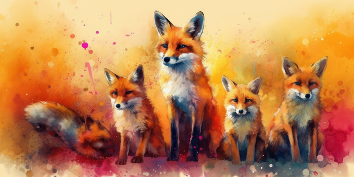 Watercolor drawing of a group of foxes. Generative AI.