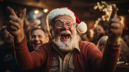 Obraz premium 80 year old happy old man celebrating Christmas in pub wearing a santa claus hat