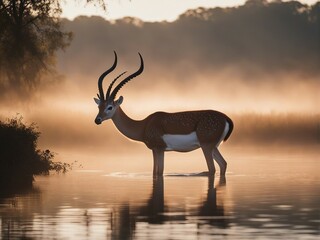 gazelle drinking from a foggy and cloudy river at sunrise

