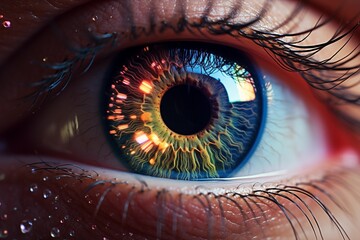 Close-up of colorful human eye with light sparks