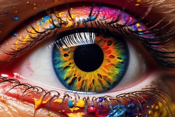 Close-up of colorful eye with color splashes around eye