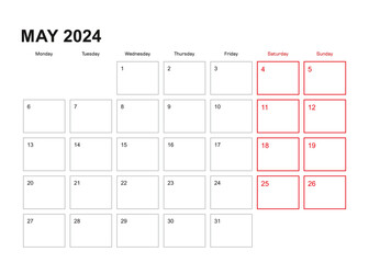 Wall planner for May 2024 in English language, week starts in Monday.