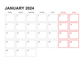 Wall planner for January 2024 in English language, week starts in Monday.