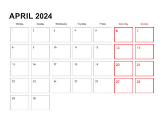 Wall planner for April 2024 in English language, week starts in Monday.