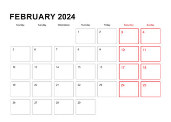 Wall planner for February 2024 in English language, week starts in Monday.