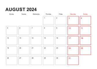 Wall planner for August 2024 in English language, week starts in Monday.