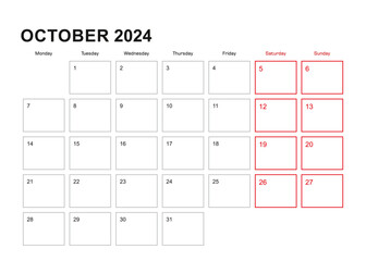 Wall planner for October 2024 in English language, week starts in Monday.