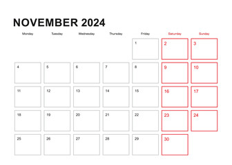 Wall planner for November 2024 in English language, week starts in Monday.