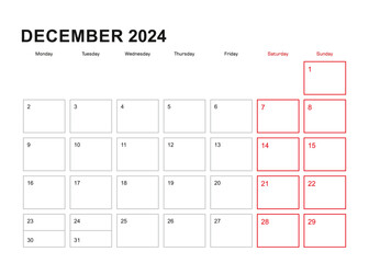 Wall planner for December 2024 in English language, week starts in Monday.