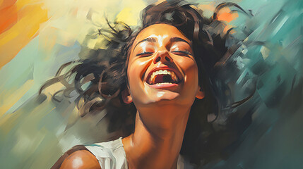 young woman is happy, laughing and cheering in painting style - obrazy, fototapety, plakaty