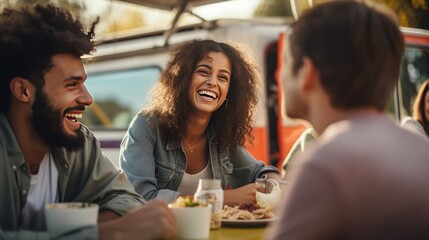 Cheerful African American woman with curly hair smiling with a group of friends, sitting eating next to a food truck. Generative AI